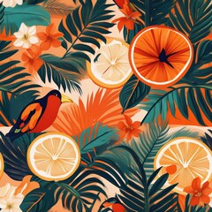 a vibrant and unique tropical pattern featuring lush palm leaves, exotic flowers, leaf