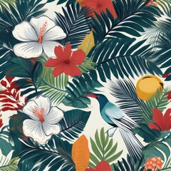 a vibrant and unique tropical pattern featuring lush palm leaves, exotic flowers, leaf