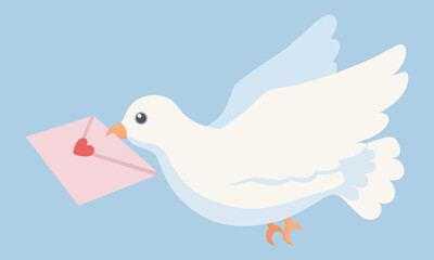 Cute White Dove Flying With Pink Love Letter In Its Beak, Vector Illustration, Cartoon Style
