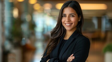 Hispanic smiling toothy Latino Indian successful confident Arabian businesswoman worker lady boss female leader girl business woman posing crossed hands looking at camera in office corporate portrait