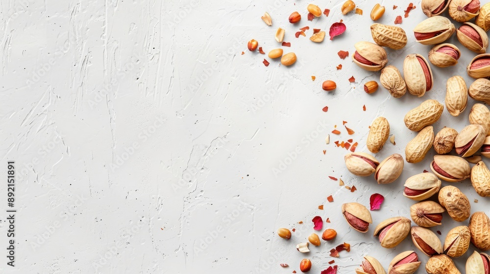 Aufkleber organic peanuts with shells on white background with space for text