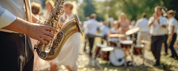 Jazz band playing in a park, saxophone and drums, people dancing around, energetic and joyful, perfect for outdoor concert themes, copy space.