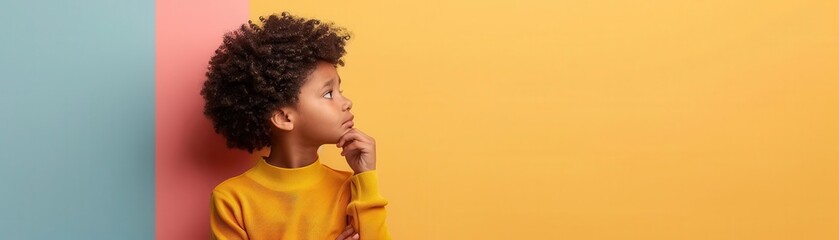 Thoughtful child against colorful background, curiosity, deep thinking