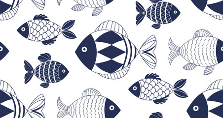 Decorative fishes illustration with simple patterns. Seamless pattern with abstract blue fishes. Stylized, decorative underwater creatures designs. Dark blue geometric fishes seamless pattern.