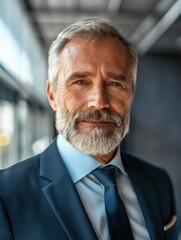 Naklejka premium portrait of successful senior businessman consultant looking at camera and smiling inside modern office building