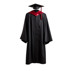 Black graduation gown with red accents displayed on a white background, symbolizing academic achievement and success.