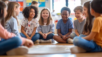 Young children in an elementary school classroom engage in a joyful group activity, sitting cross-legged on the floor in a circle, community and friendship as they laugh and interact with one another