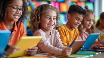 A diverse group of elementary school children engaging in a fun and interactive learning session using digital tablets in a vibrant classroom, collaboration and excitement for technology in education