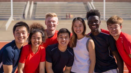 A vibrant, diverse group of preteens in matching sportswear, happily posing together on the school football field, exemplifying inclusivity and joy.