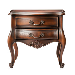 Elegant vintage wooden bedside table with ornate carvings and two drawers, adding a touch of classic charm to any room decor.