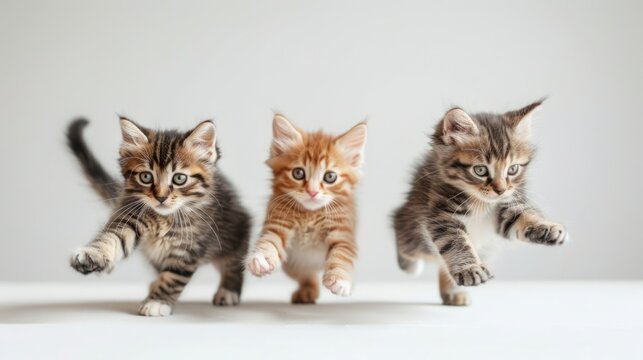 kittens sitting jumping with joy, white background