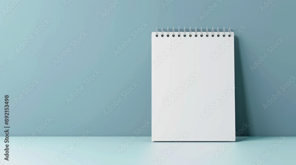 Poster white desk calendar mockup with spiral binding stands upright on surface. blank grid layout template