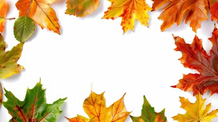 Fototapeta premium Design a whimsical leaf frame featuring playful, brightly colored autumn leaves, all set on a crisp white background.