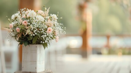 A rustic, whitewashed wooden podium with lace and wildflowers at a garden wedding.