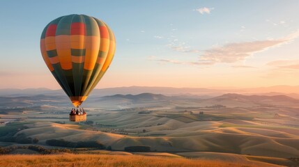 Fototapeta premium A hot air balloon basket filled with champagne and gourmet snacks.