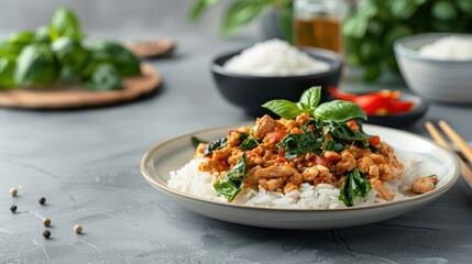 Thai holy basil stir-fry with minced chicken and jasmine rice.