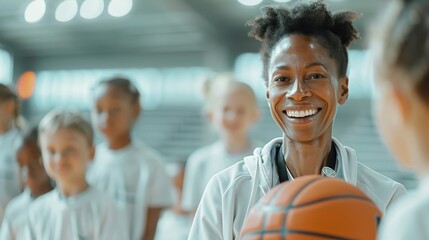A gym teacher demonstrates a basketball drill to a group of students.