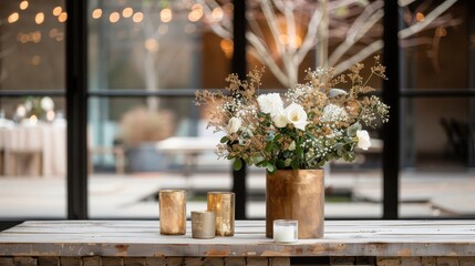 Fototapeta premium A rustic, hand-hammered gold podium at a barn wedding reception.