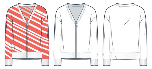 Zipped Cardigan technical fashion illustration, striped design. Sweatshirt fashion technical drawing template, v neck, long sleeve, front back view, white, coral red, women, men, unisex CAD mockup set © Liubov Hladka