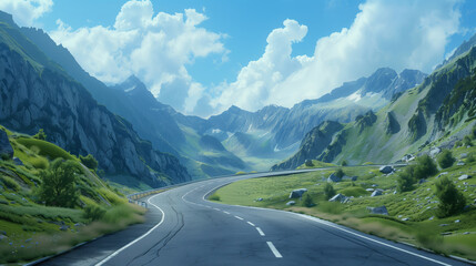 Naklejka premium Winding Road Through Majestic Mountain Landscape. Illustration of a winding road cutting through a lush, green mountain landscape under a bright blue sky with fluffy clouds.