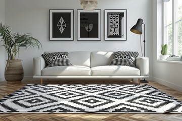 Modern Living Room with Black and White Geometric Rug, Wooden Floor, Sofa, Lamp, and Black Artist Posters on White Walls