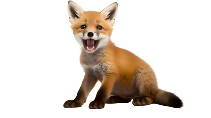 Obraz premium fox vulpes, young fox calls, his mouth is open and he looks straight ahead