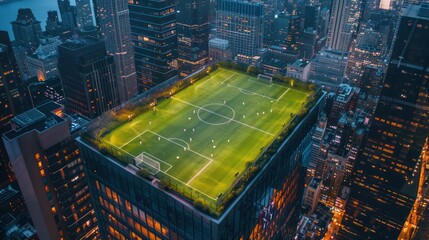 Soccer field on the rooftop of a building in city