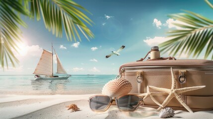 Naklejka premium A serene beach scene with a suitcase, seashells, sunglasses, and a sailboat in the background.