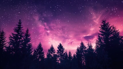 Fototapeta premium Cosmic violet and pink gradient starry sky with forest tree silhouettes, offering an aesthetic and serene phone wallpaper