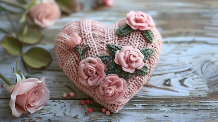 Knited heart with little pink roses and leafs decoration for baptisms weddings birthdays and all kinds of parties