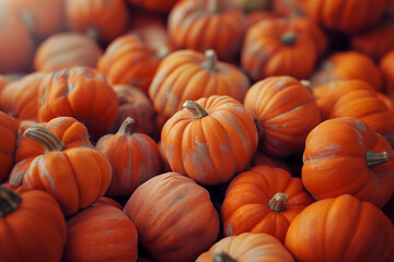 A pile of pumpkins, close-up, orange color tone, autumn season aethstetic, fresh and juicy appearance