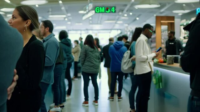 Many people buy goods, food at grocery store, stand in line. Men group wait indoor shopping mall. Public crowd choose staff. Women and men behind each other at shop. Consumerism concept. Long queue.
