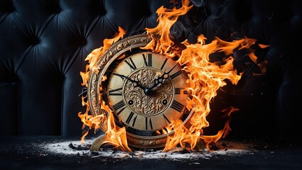 Dramatic Photo of a Vintage Clock Face Engulfed in Flames with Dark Background