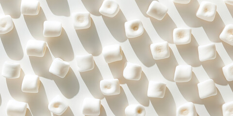 Obraz premium A background of marshmallows, each with its shadow, scattered across the canvas in an elegant display, with soft shadows on a white background