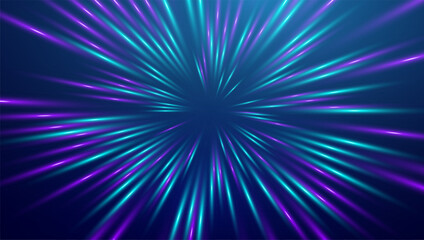 Futuristic burst of light rays with blue and purple hues