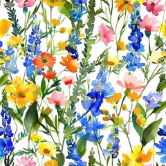 Obraz premium Watercolor hand-painted seamless pattern featuring a mix of wildflowers, vibrant and colorful, capturing the essence of spring