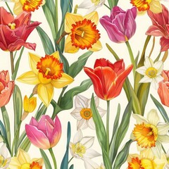 Obraz premium Seamless pattern of watercolor hand-painted daffodils and butterflies, bright yellows and soft pastels, fresh and lively spring theme