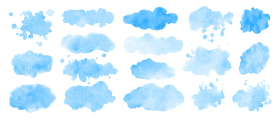Blue watercolor background. Set of watercolor stains , blots, clouds , washes for design.
