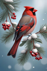 Happy Christmas greeting card with winter bird, cute cardinal birds on a pine branch.
