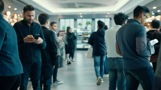 Many people buy goods, food at grocery store, stand in line. Men group wait indoor shopping mall. Public crowd choose staff. Women and men behind each other at shop. Consumerism concept. Long queue.