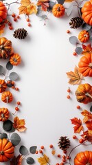 Obraz premium white space with a tiny little autumn decoration border only reaching in a litte, with pumpkins and maple leaves