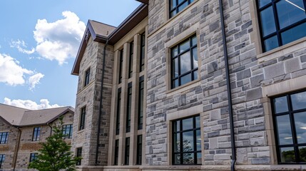 Obraz premium A modern stone building featuring large windows and a contemporary design.