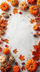  white space with a tiny little autumn decoration border only reaching in a litte, with pumpkins and maple leaves