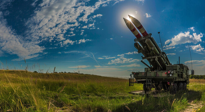 Wide angle photo with MIM-104 Patriot, a surface-to-air missile military weapon used to defend against air attacks. Military industry in Romania, part of NATO.