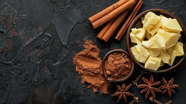 Natural cocoa butter and cinnamon on black background with empty space viewed from above
