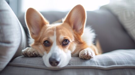 Small breed canine resting on sofa in workplace in close proximity.