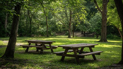 picnic site wooden table and benches outdoor in green forest park