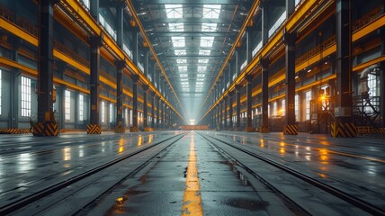 Fototapeta premium Industrial Warehouse Interior with Rail Tracks