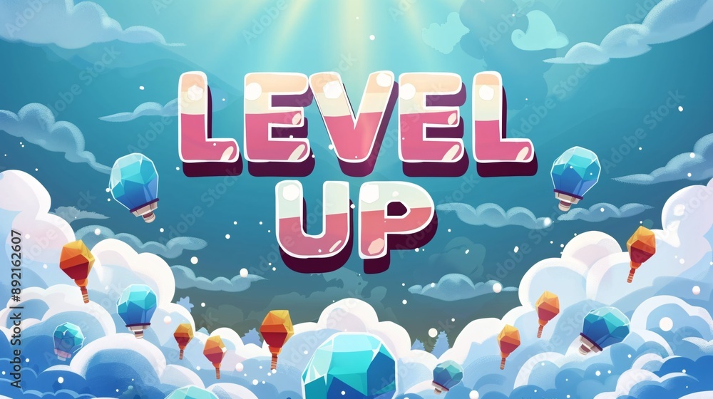 Poster premium 3d cartoon template game interface with text and a level up feature.