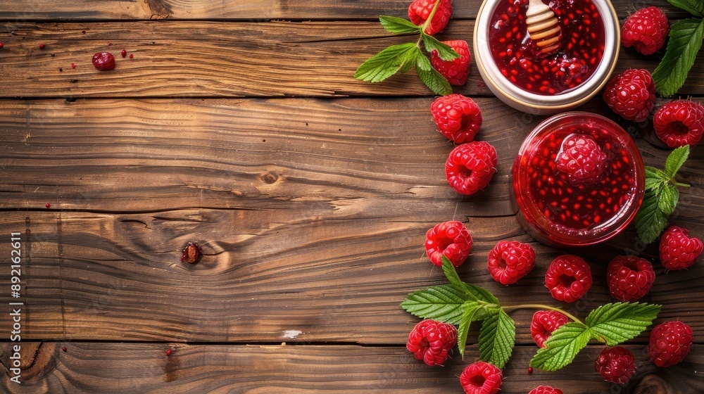 Sticker raspberries and jam on wooden table with space